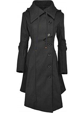 Womens Long Trench Coat Wool Peacoat Gothic Hooded Winter Jacket